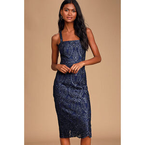 Lulus Love Of Lace Navy Blue Lace Midi Dress - Size M